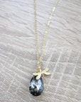 Long Gold-Plated Dragonfly Necklace with Black Diamond Drop