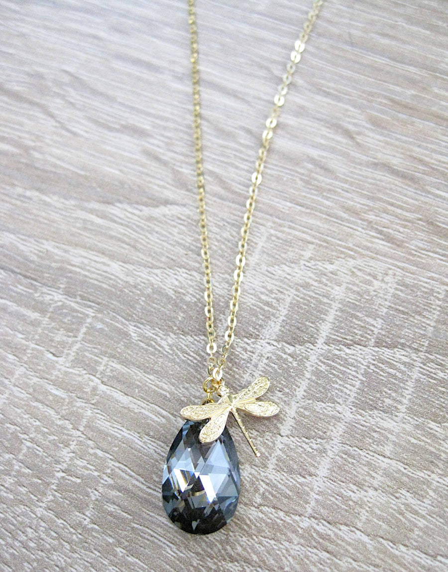 Long Gold-Plated Dragonfly Necklace with Black Diamond Drop