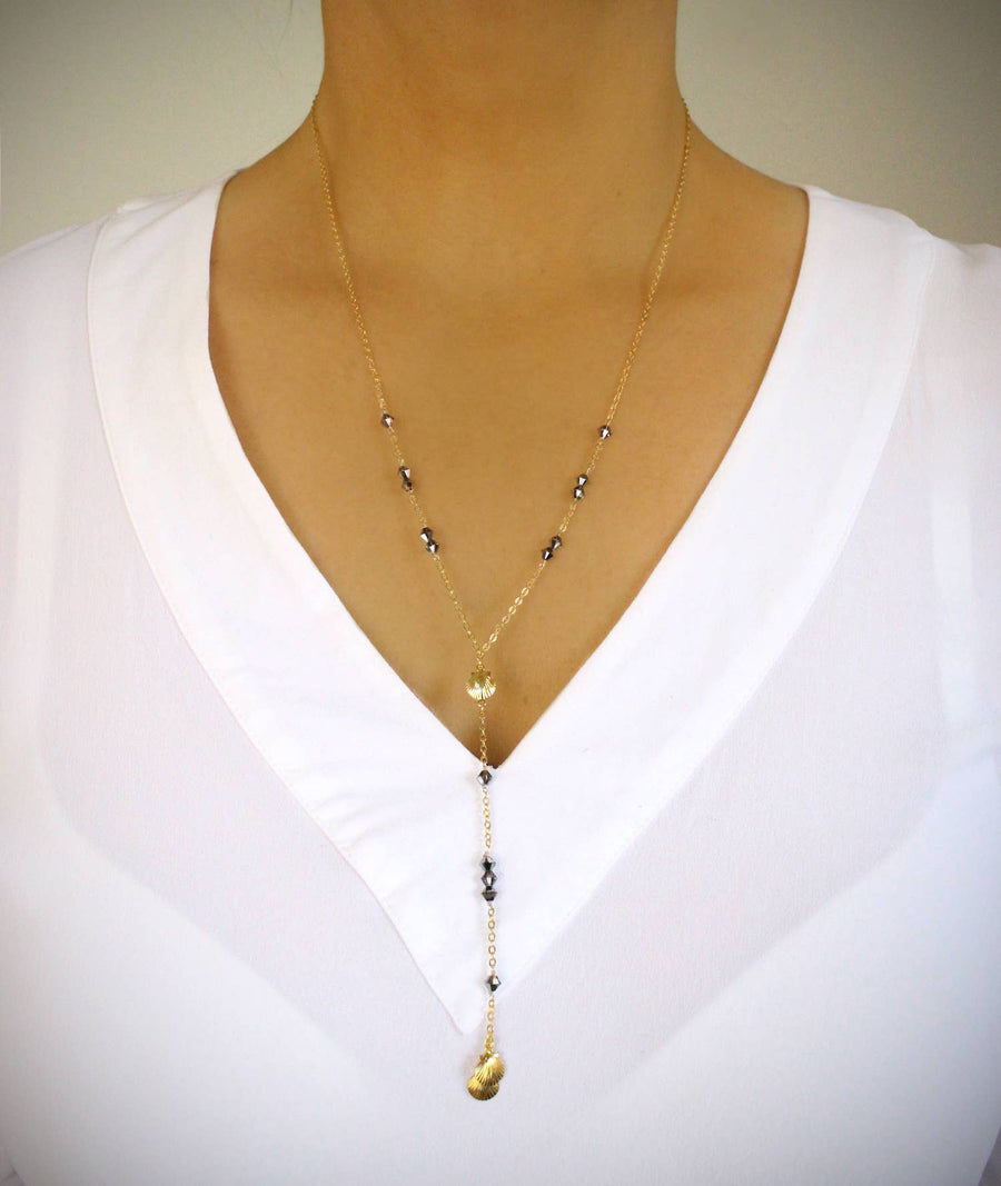 Gold Plated Seashell Necklace with Black Diamond Crystals