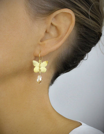 18K Gold Plated Butterfly Earrings with Golden Shadow Drops