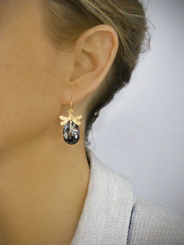 18K Gold Plated Dragonfly Earrings with Black Diamond Drops