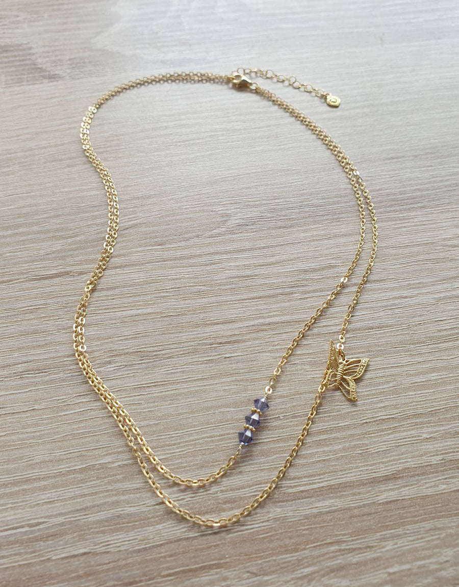 18K Gold Plated Butterfly and Tanzanite Crystal Necklace