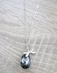 Long Silver Dragonfly Necklace with Black Diamond Drop