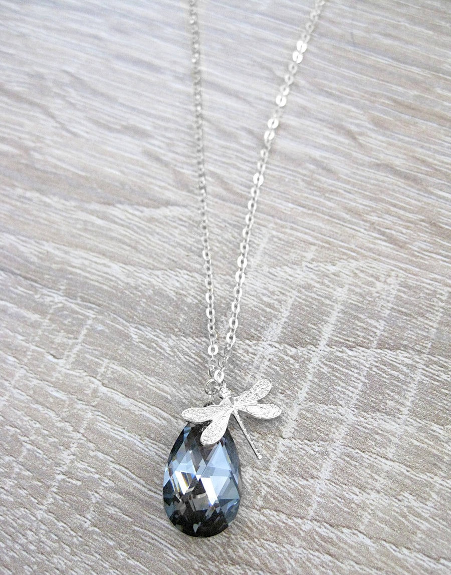 Long Silver Dragonfly Necklace with Black Diamond Drop