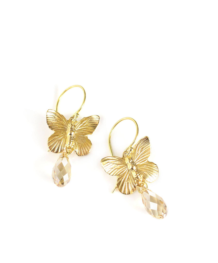 18K Gold Plated Butterfly Earrings with Golden Shadow Drops