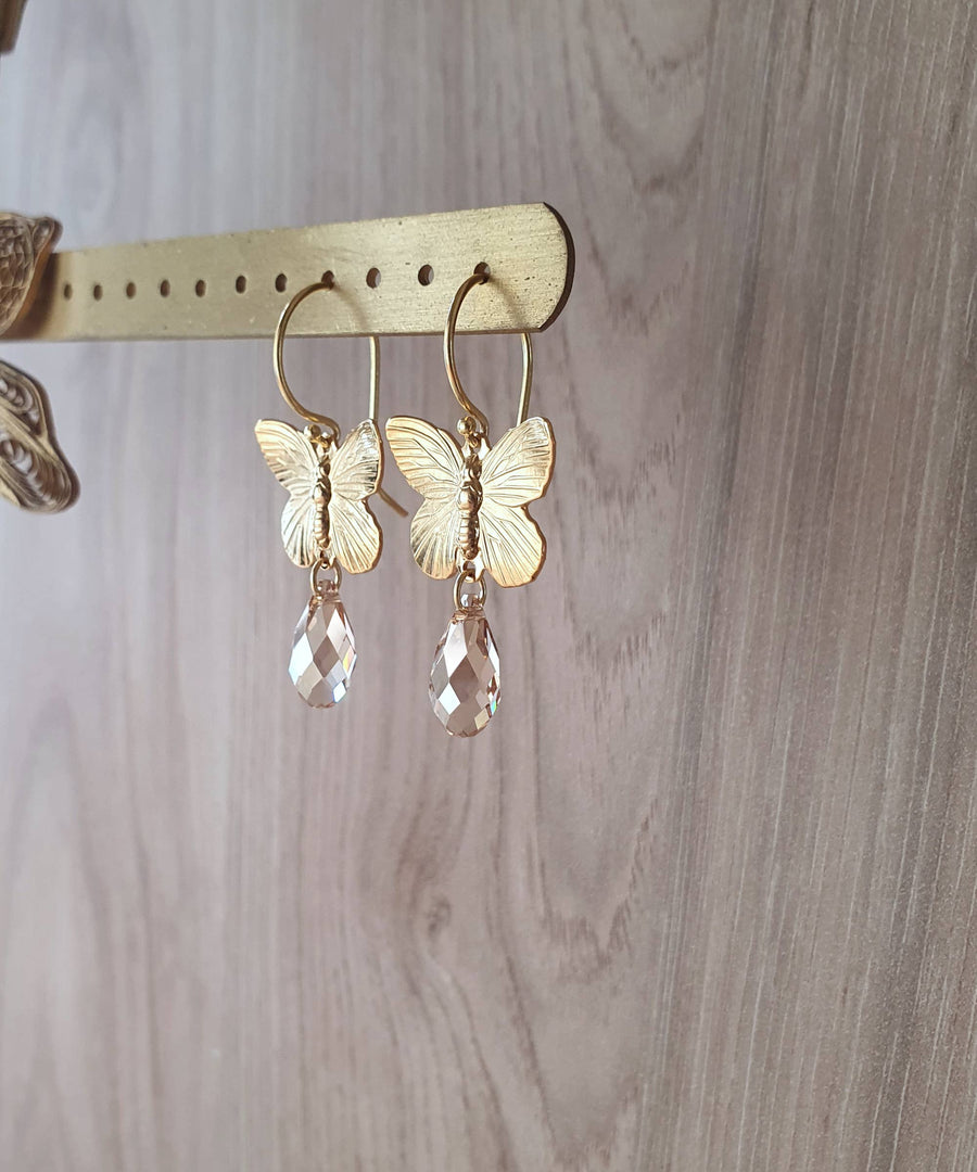 18K Gold Plated Butterfly Earrings with Golden Shadow Drops