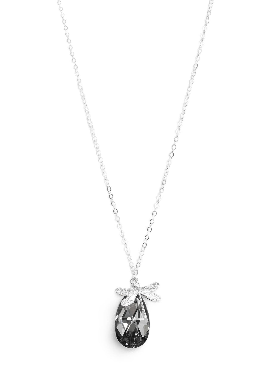 Long Silver Dragonfly Necklace with Black Diamond Drop