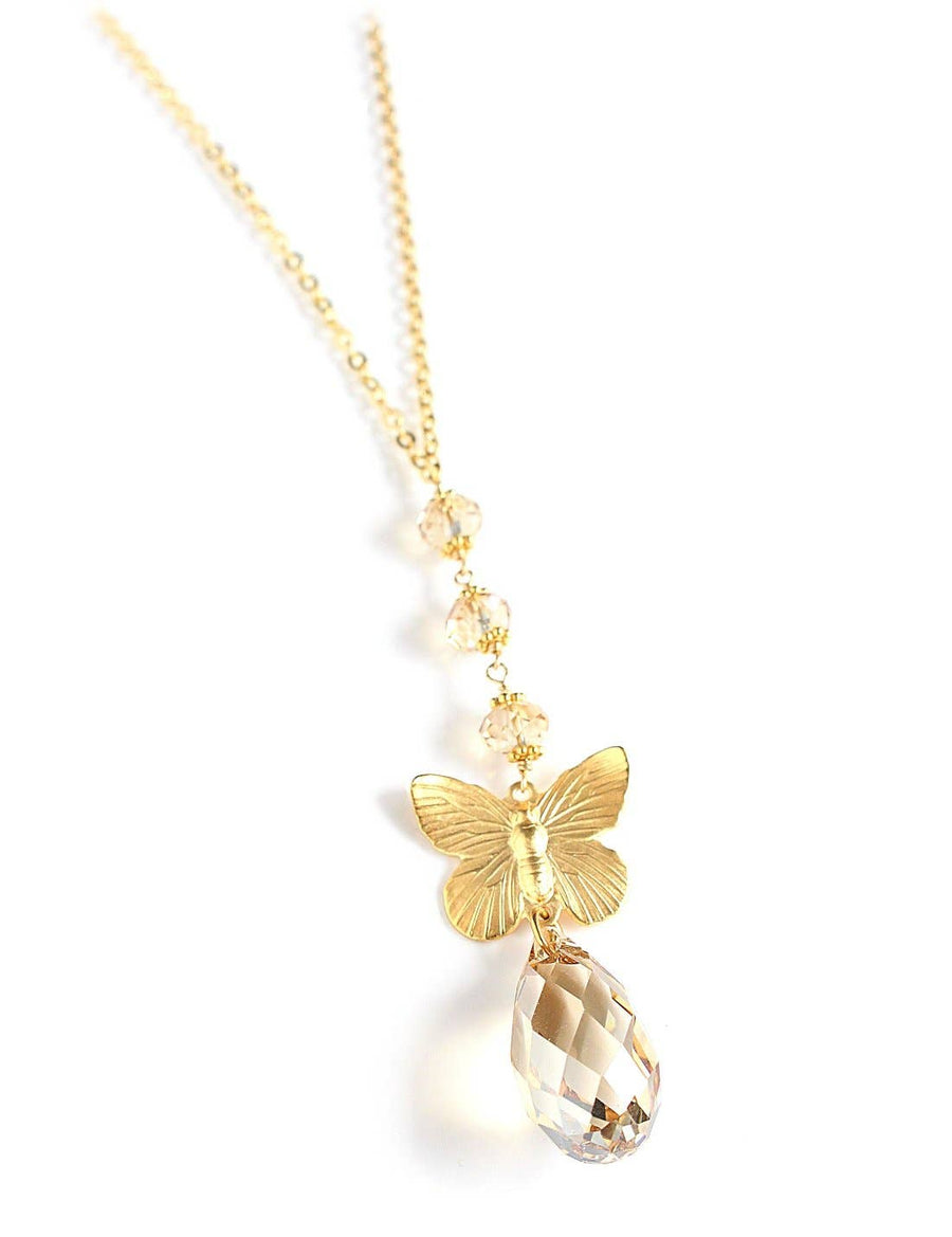 Long 18K Gold Plated Butterfly Necklace with Golden Shadow Crystals