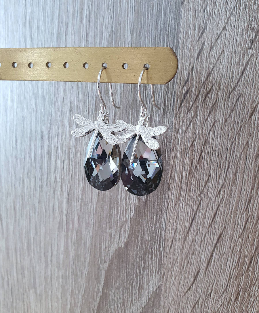 Rhodium Plated Dragonfly and Black Diamond Crystal Earrings