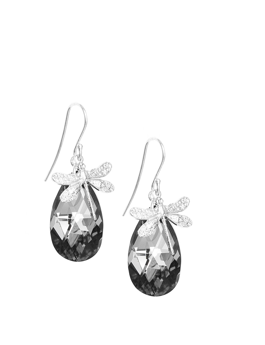 Rhodium Plated Dragonfly and Black Diamond Crystal Earrings