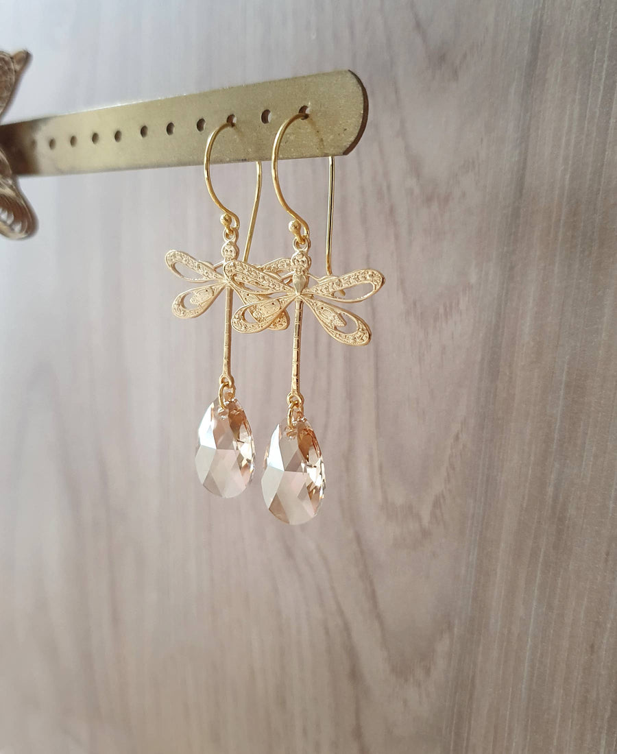 18K Gold Plated Dragonfly Earrings with Golden Shadow Drops