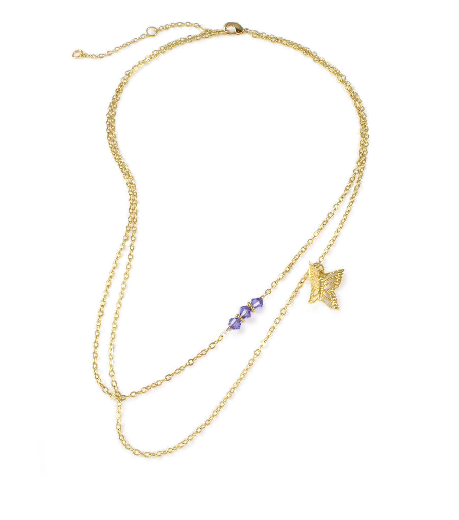 18K Gold Plated Butterfly and Tanzanite Crystal Necklace