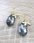 18K Gold Plated Dragonfly Earrings with Black Diamond Drops