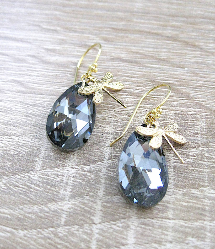 18K Gold Plated Dragonfly Earrings with Black Diamond Drops