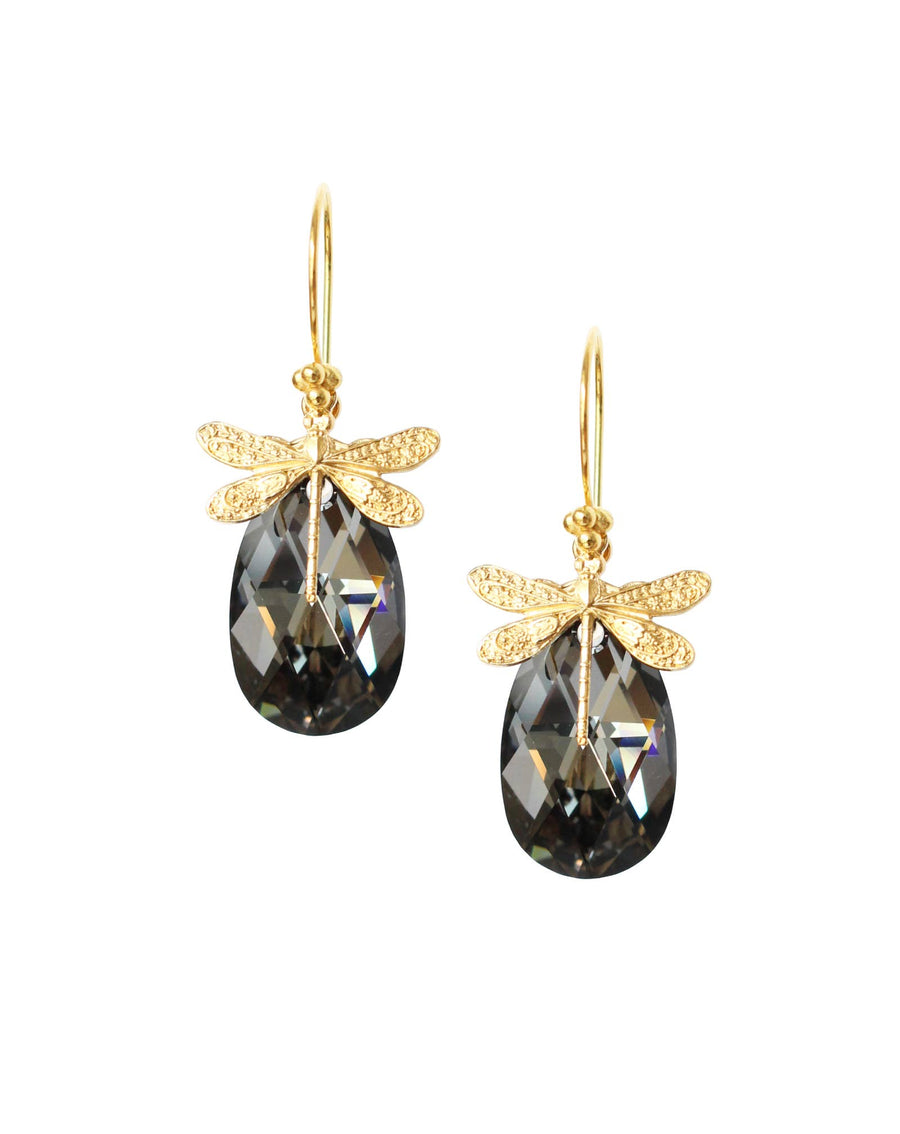 18K Gold Plated Dragonfly Earrings with Black Diamond Drops