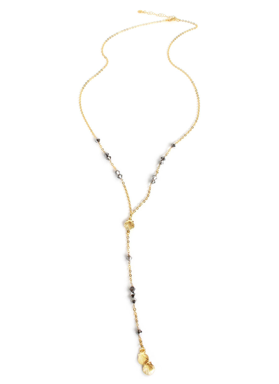 Gold Plated Seashell Necklace with Black Diamond Crystals