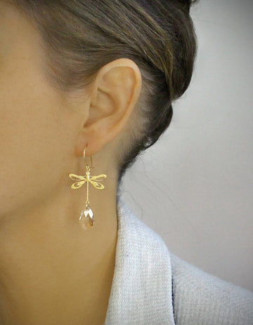 18K Gold Plated Dragonfly Earrings with Golden Shadow Drops