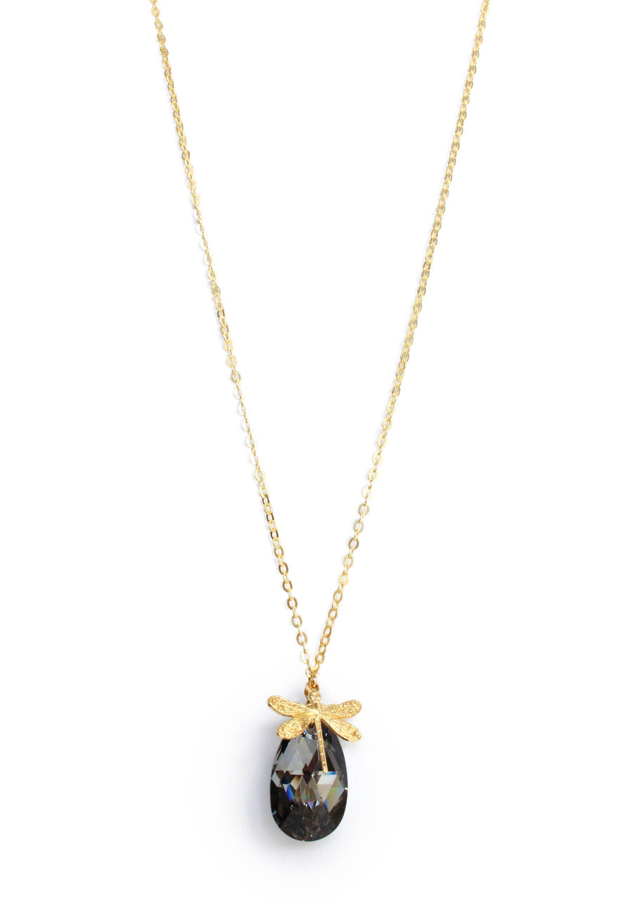 Long Gold-Plated Dragonfly Necklace with Black Diamond Drop